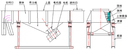 直線振動篩內(nèi)部結(jié)構(gòu)：出料口，篩體，傳力板，上蓋，電機座，電機，進料口，篩框，篩網(wǎng)，上彈簧座，彈簧，底腿。