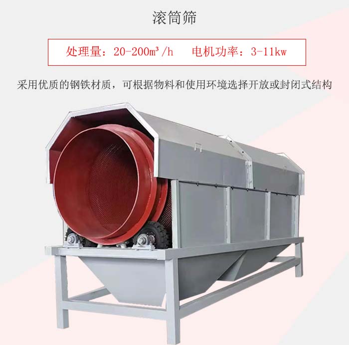 滾筒篩采用優(yōu)質(zhì)的鋼鐵材質(zhì)，可根據(jù)物料和使用環(huán)境選擇開(kāi)放或封閉式結(jié)構(gòu)
