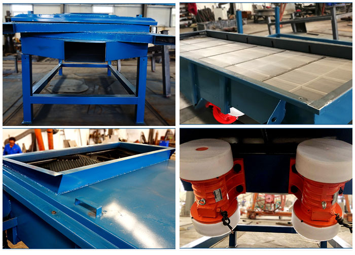 方形振動(dòng)篩出料口，篩網(wǎng)和網(wǎng)架，進(jìn)料口，振動(dòng)電機(jī)等細(xì)節(jié)展示。