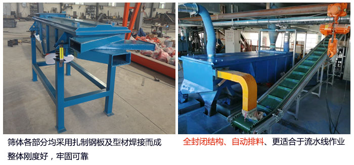 直線篩分機篩體各部分均采用扎制鋼板及型材焊接而成整體剛度好，牢固可靠；全封閉結構、自動排料、更適合于流水線作業(yè)。