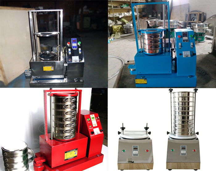 三種不同類型的試驗(yàn)篩，區(qū)別控制臺在下部或在右側(cè)。材質(zhì)為不銹鋼和碳鋼兩種，碳鋼材質(zhì)做了噴漆有：紅色和藍(lán)色兩種。