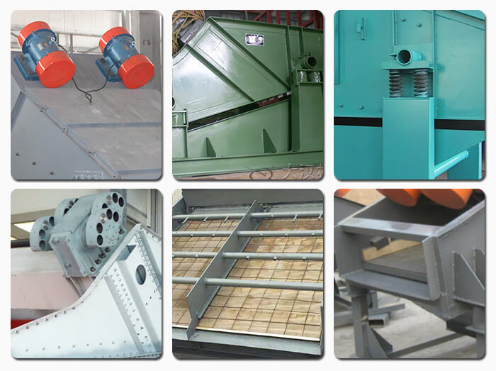 礦用振動篩主要由激振器、篩體、篩網(wǎng)、減振裝置及座架等組成。篩箱由篩框、篩板、襯板等組成