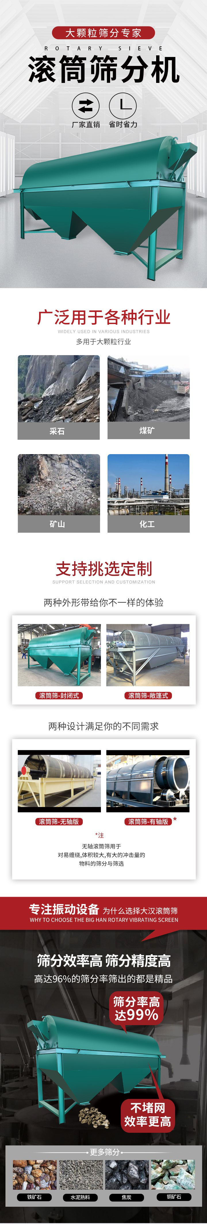 滾筒篩分機大顆粒篩分專家：廠家直銷，省時省力。滾筒篩被廣泛應用各種行業(yè)：多用于大顆粒行業(yè)例如：采石，煤礦，礦山，化工等。滾筒篩定制類型有哪些：封閉式與敞篷式產(chǎn)品結(jié)構(gòu)分為：無軸式，有軸式兩種，無軸滾筒篩用于對纏繞，體積較大，有大的沖擊量的物料的篩分與篩選。滾筒篩篩分效率高篩分精度能夠達到：96%也比較適用于鐵礦石，水泥熟料，焦炭，銅礦石。滾筒篩特點：不飛粉末：密封隔離罩，密封性好，工作過程不會出現(xiàn)飛粉現(xiàn)象。外型尺寸是按筒體長計