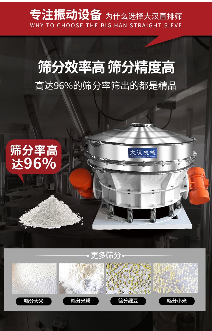 直排篩適用物料有面粉，淀粉，洗衣粉，金屬粉，添加劑，化工，非礦等行業(yè)。