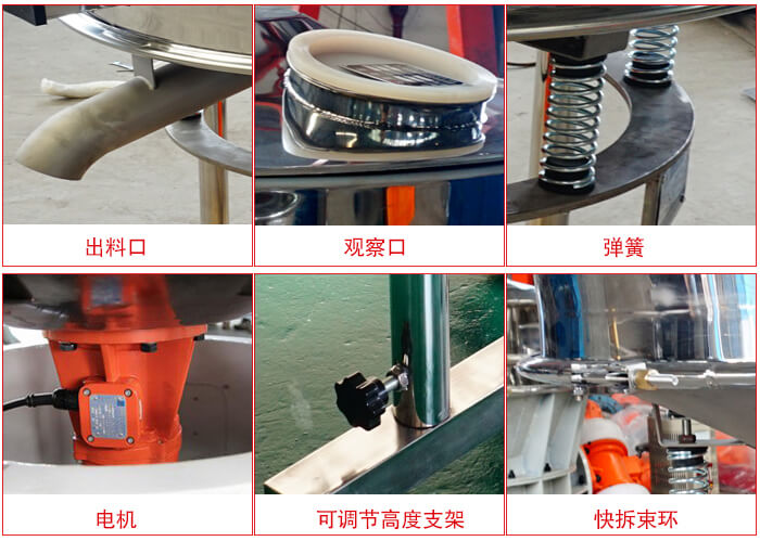 高頻篩細(xì)節(jié)展示：出料口，觀察口，彈簧，電機(jī)，可調(diào)節(jié)高度支架，快拆束環(huán)。